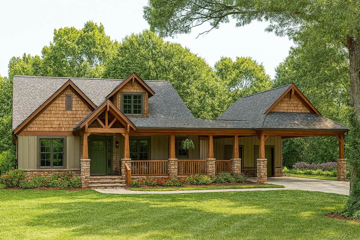 Craftsman house plan exterior with prominent front porch, stone accents, shingle siding, and attached carport.