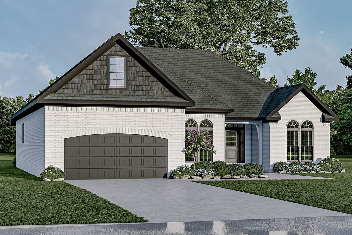 House plan exterior: single-story home with white brick, arched garage door, arched windows, and gable dormer.