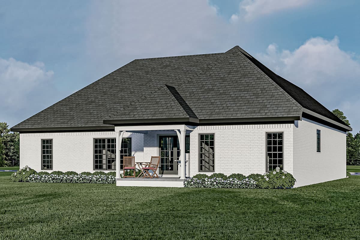 House plan exterior: One-story ranch with white brick, gable roof, and covered porch with decorative posts.