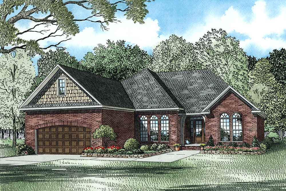 House plan exterior: One-story brick home with arched windows, a gabled dormer with shingle siding, and an attached garage.