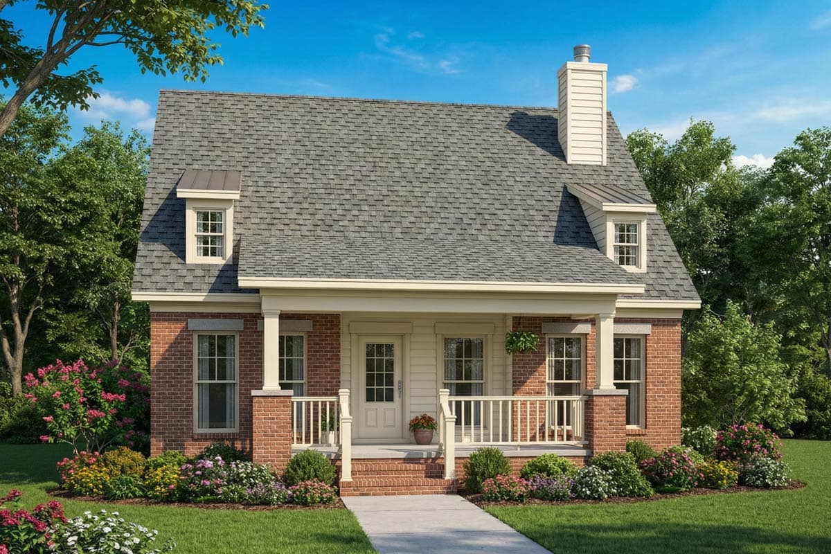 A charming brick cottage with a porch, a gray shingled roof, and lush landscaping. A walkway leads to the front door, with trees in the background.