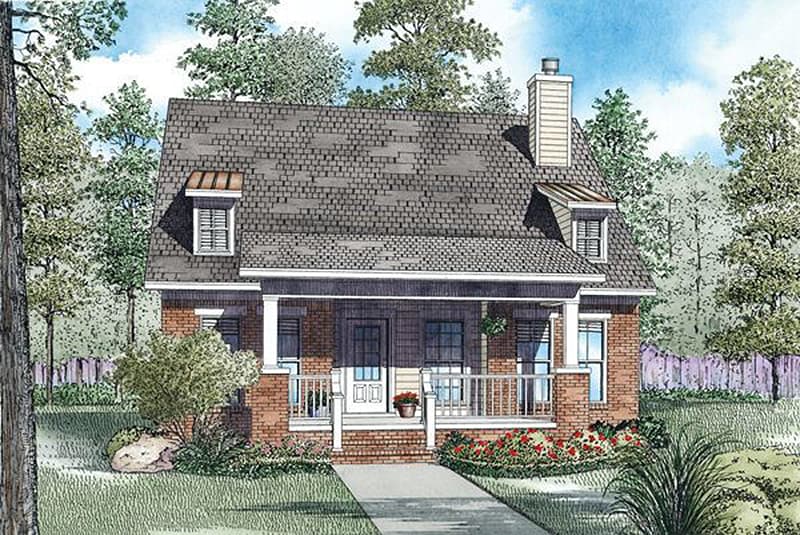 House plan exterior: Two-story brick home with a covered front porch, dormer windows, and a prominent chimney.