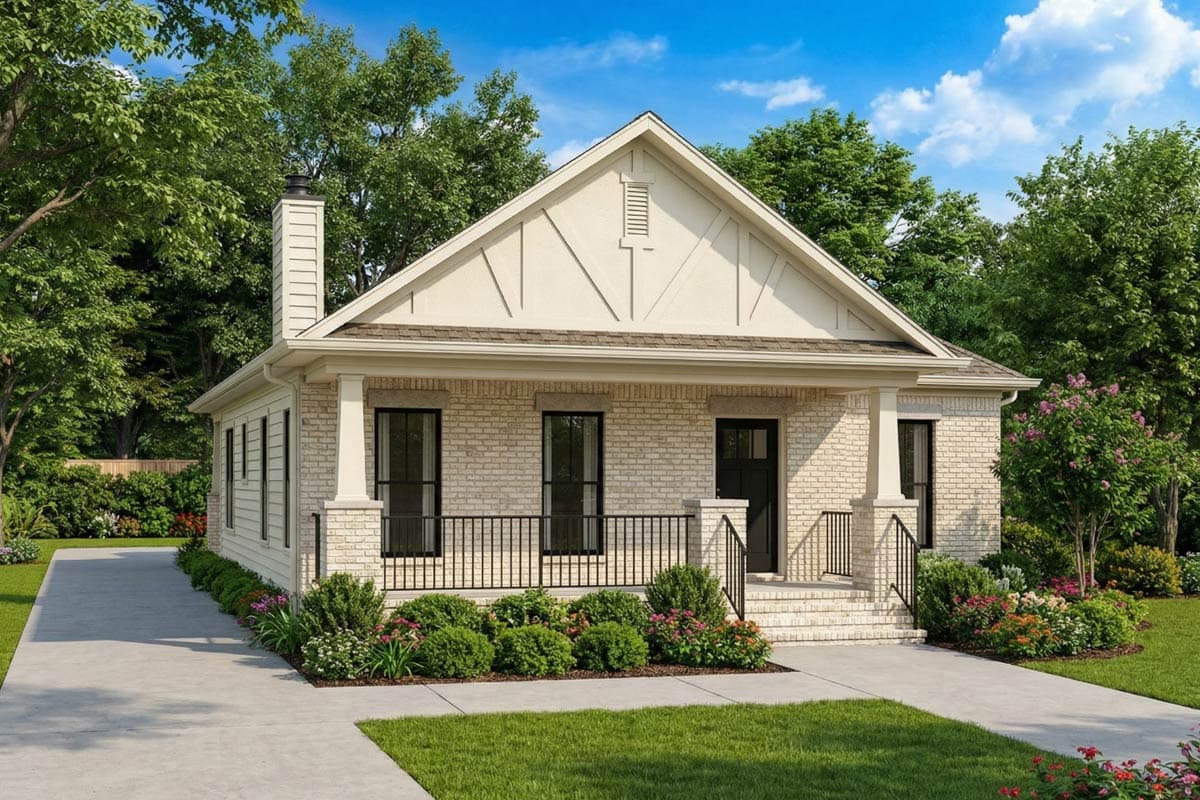 House plan exterior: Modern Farmhouse, one story, brick, covered front porch with columns, prominent gable with decorative trim.