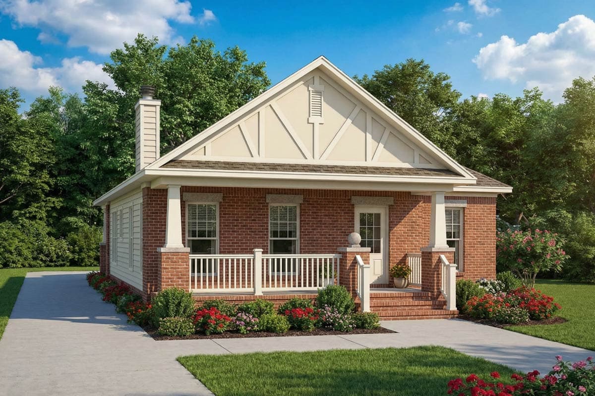 A charming brick house with a white porch and trim, nestled amidst lush greenery under a bright blue sky.