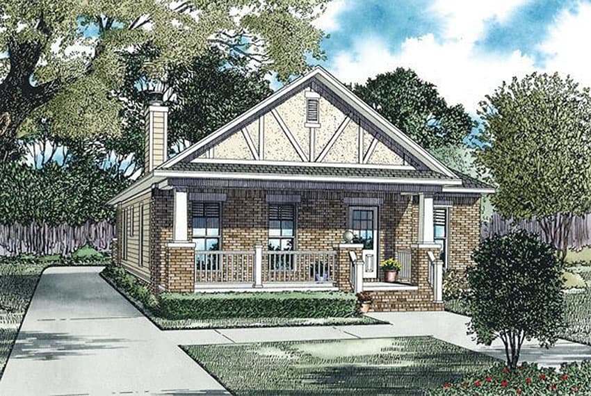 House plan exterior: One-story brick home with a covered front porch, prominent gabled dormer, and a side-facing chimney.
