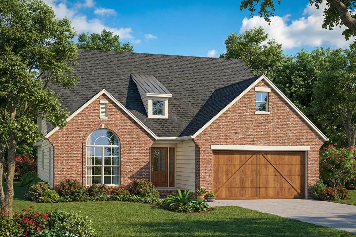 A brick house with a dark roof and a wooden garage door. A large arched window is on the left, and a lush green lawn surrounds it.