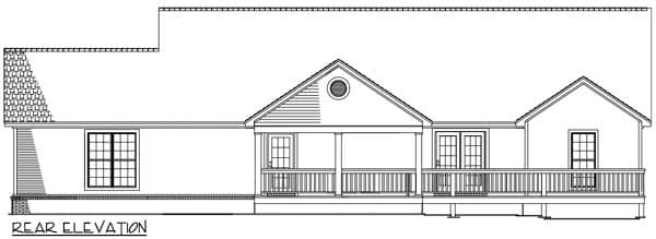 Rear elevation drawing of a house plan, featuring a covered porch with railing, double doors, and a circular attic vent.