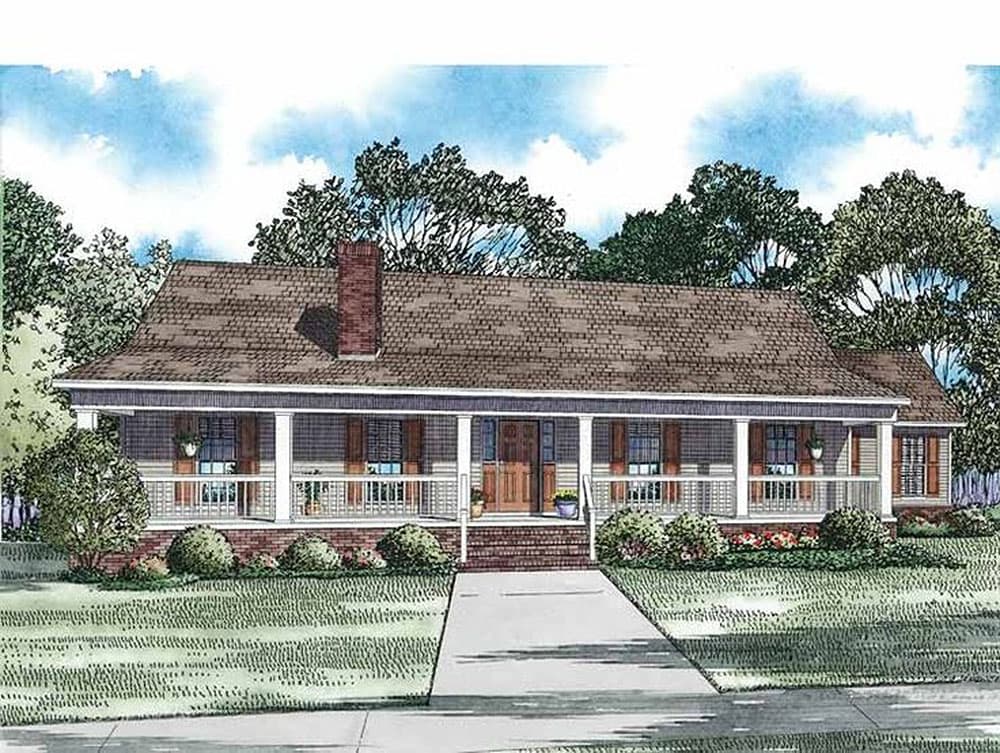 House plan exterior: Ranch style, one story, with full wrap-around porch, prominent chimney, and gable dormers.