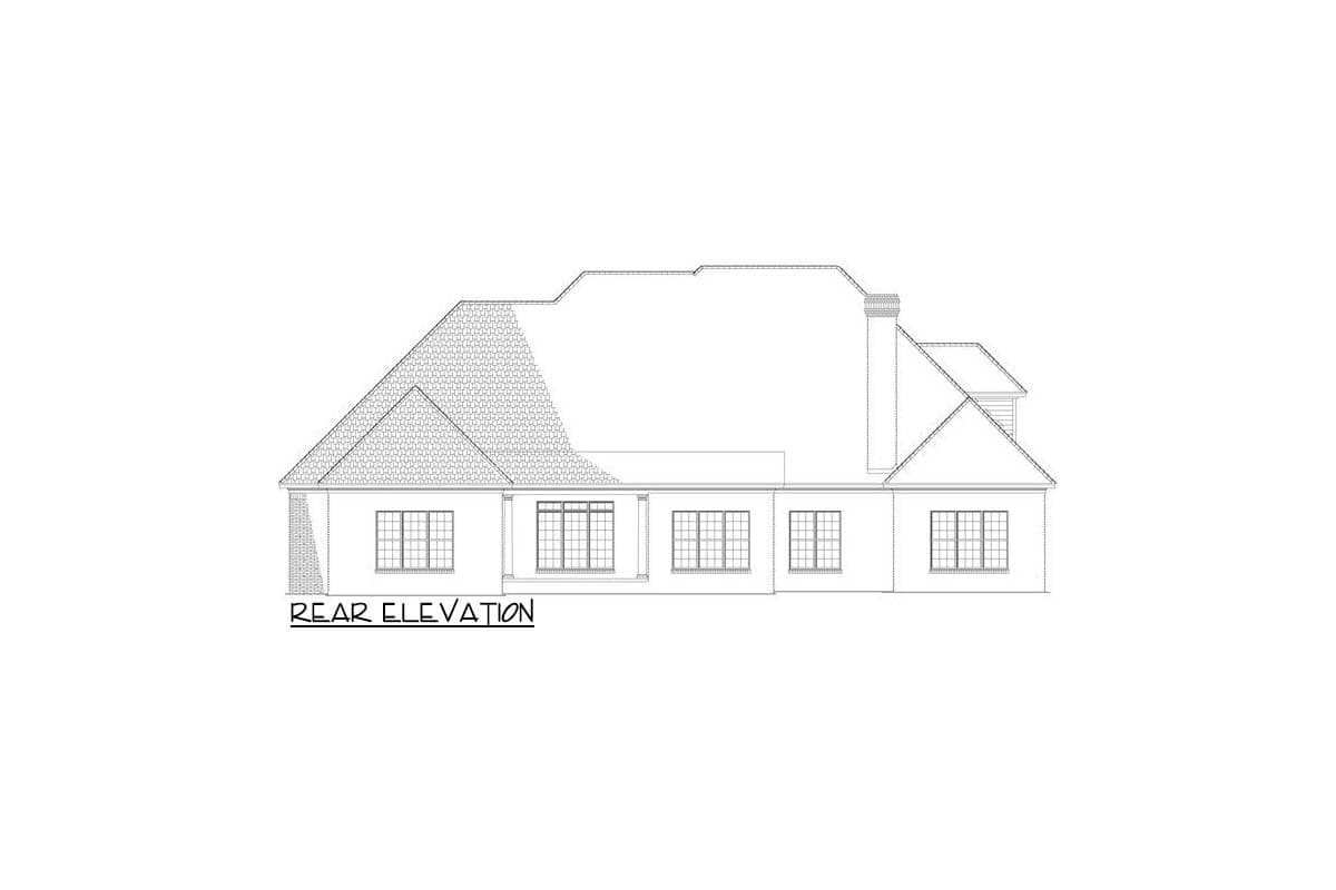 Rear elevation drawing of a house with a hip roof, multiple gables, and a chimney.