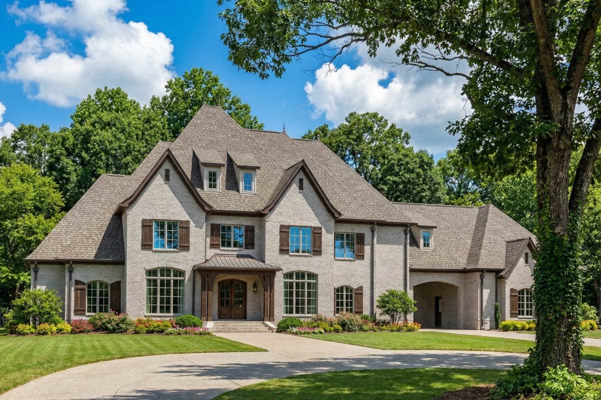 Large two-story house with a brick exterior, surrounded by green trees and a circular driveway on a sunny day with blue sky.