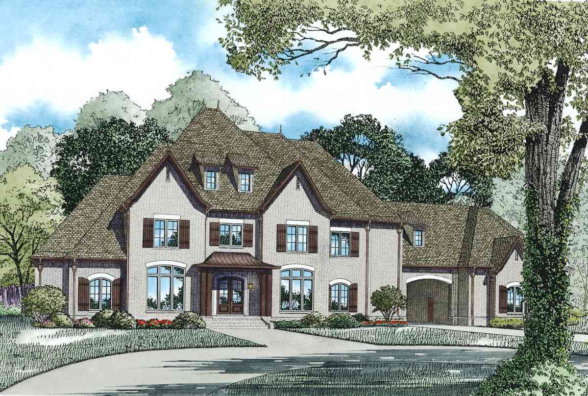 House plan exterior: Two-story brick home with steep rooflines, multiple gables, dormers, and a side-facing garage.