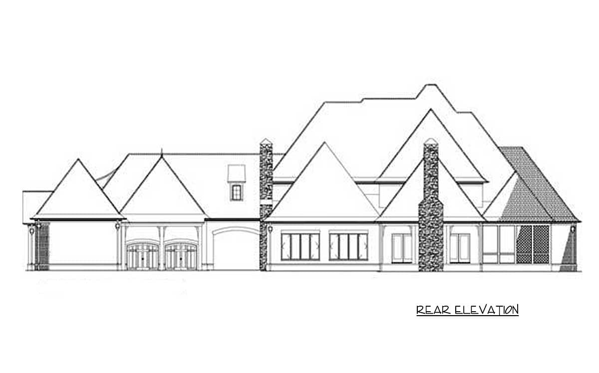 Rear elevation drawing of a multi-story house plan with multiple gables, dormer, stone chimneys, and a three-car garage.