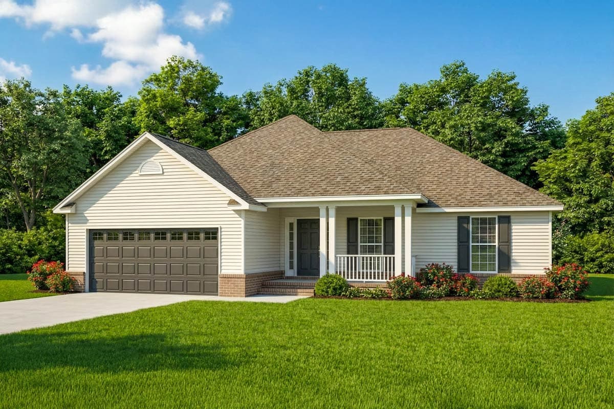 A cream-colored, ranch-style house with a brown roof and a garage. Lush green lawn and trees surround the home, under a bright blue sky.