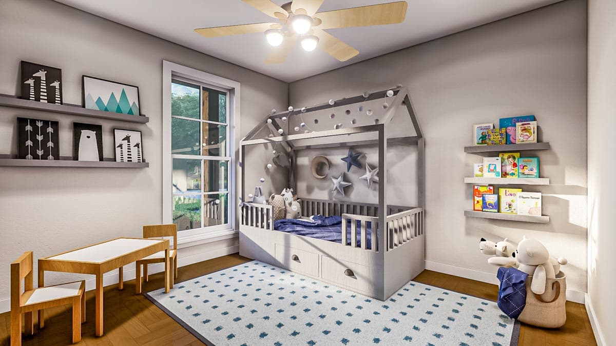 Cozy children's bedroom with a house-shaped bed, artwork, and a small table. Soft toys, books on shelves, and a patterned rug complete the scene.
