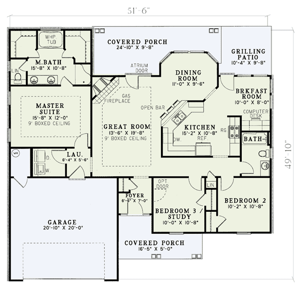 Plan 60579ND: One-story House Poan with Two Porches, a Grilling Patio and a Study Option - Floor Plan - Main Level - Traditional