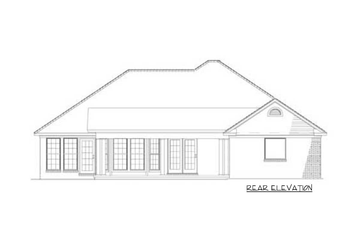 Architectural drawing of a house rear elevation. Features large windows and doors across the back, with a gabled roof and small arched window.
