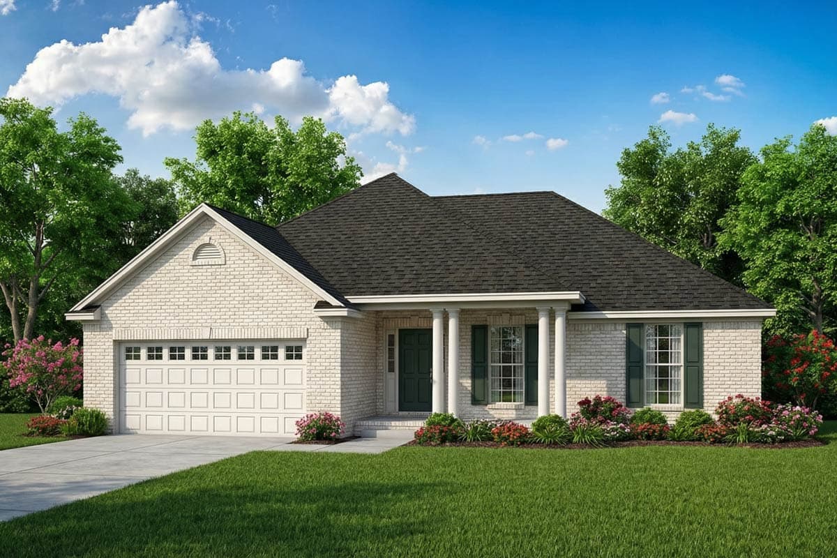 House plan exterior: One-story modern farmhouse with white brick, gabled dormer, attached garage, and covered front porch with columns.