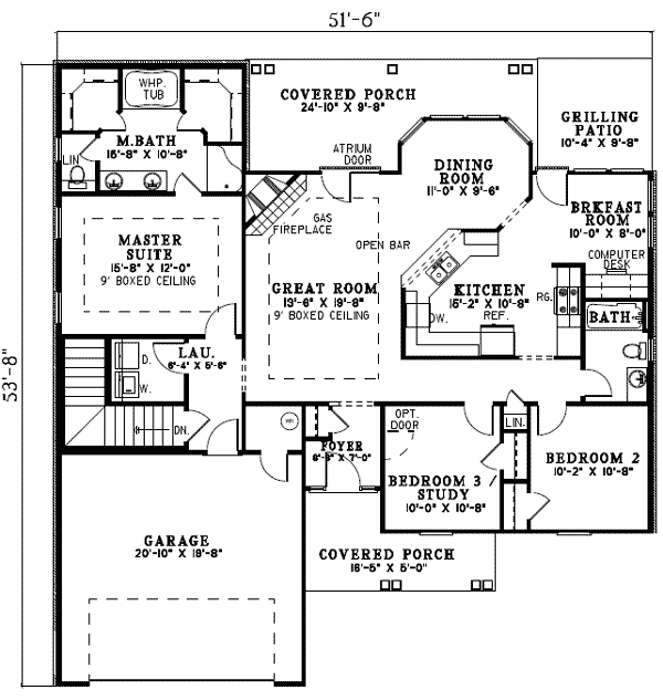 Plan 60580ND: Two Porches And Grilling Patio - Floor Plan - Basement version - Ranch, Traditional