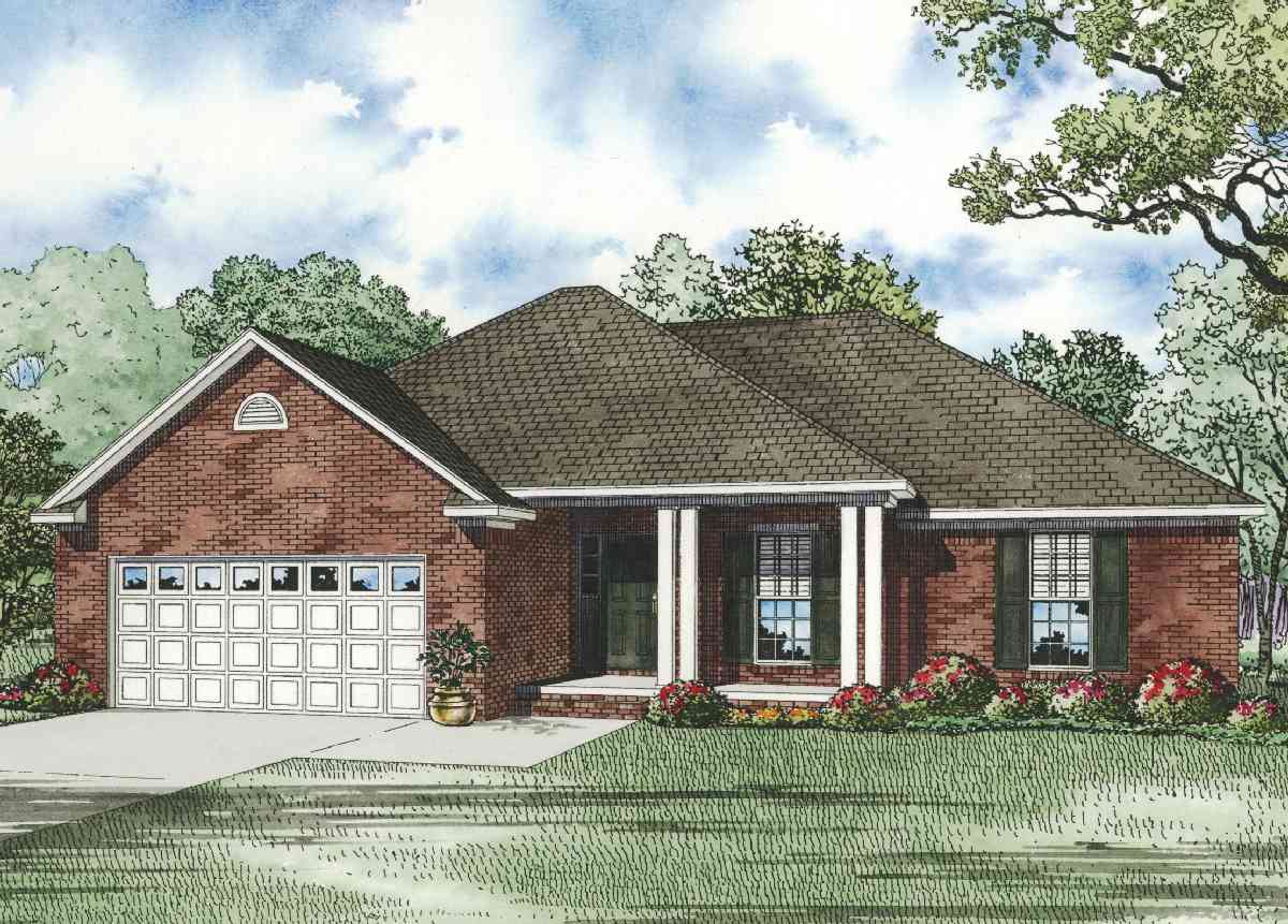House plan exterior: Ranch style, brick facade, attached garage, covered front porch with columns, and gabled dormer.