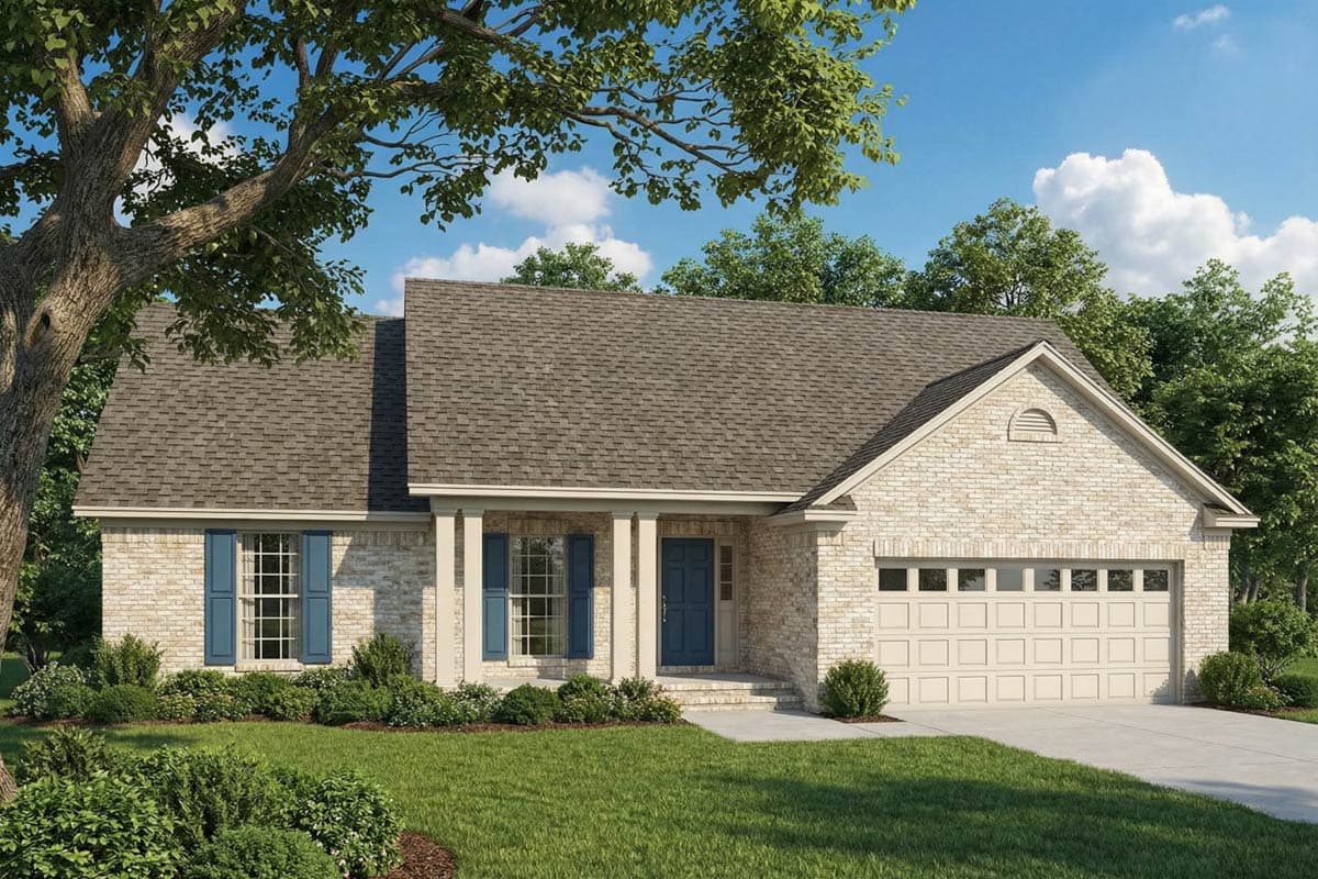 A brick-fronted house with blue shutters and door, set against a backdrop of trees and a blue sky with fluffy clouds. A large tree shades the roof.
