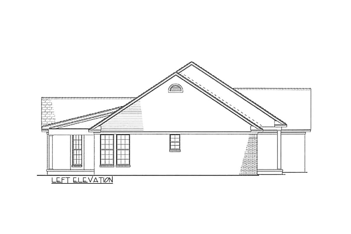 Left elevation drawing of a house plan featuring a prominent gable roof, dormer window, and covered porch.