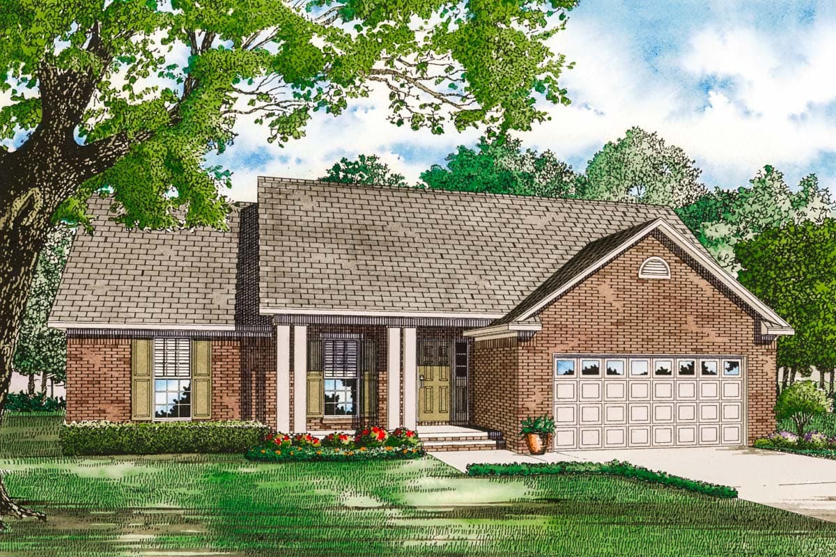 House plan exterior: One-story brick home with a covered front porch, gable dormer, and attached two-car garage.