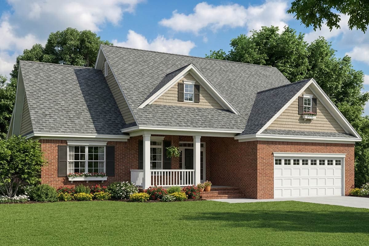 A brick house with a front porch and white railing, gray shingled roof, and a garage. Lush green lawn and trees surround the home.