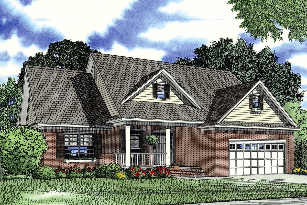 House plan exterior: Brick ranch with a covered front porch, multiple gables, and a side-entry garage.