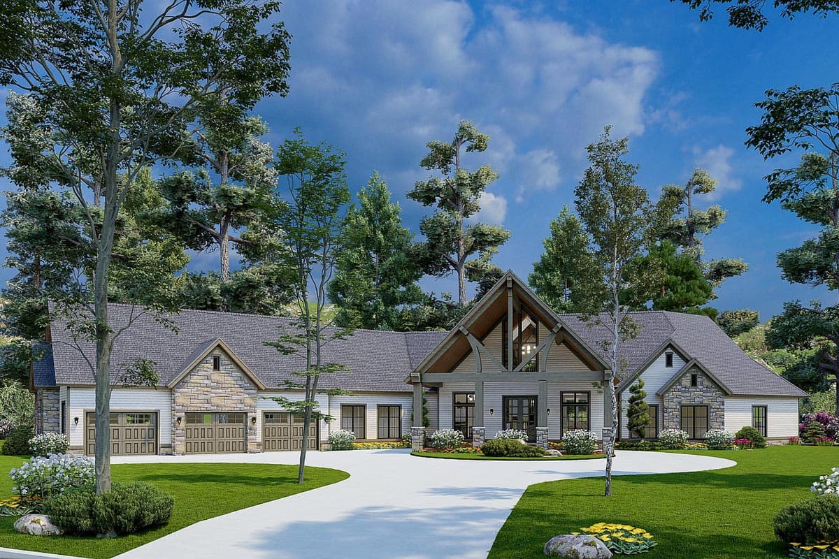 House plan exterior. A single-story Craftsman home with a gabled roof, stone accents, and an attached garage with carriage-style doors.