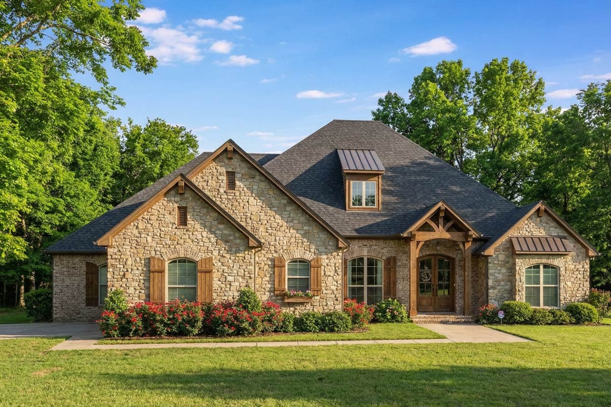 House plan exterior: Stone and brick ranch with gables, dormers, wooden shutters, and a prominent timber-frame entryway.