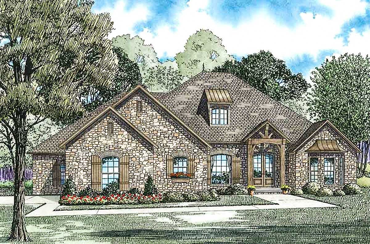 House plan exterior: Stone-clad, one-story home with multiple gables, arched windows with shutters, and a covered entry with timber accents.