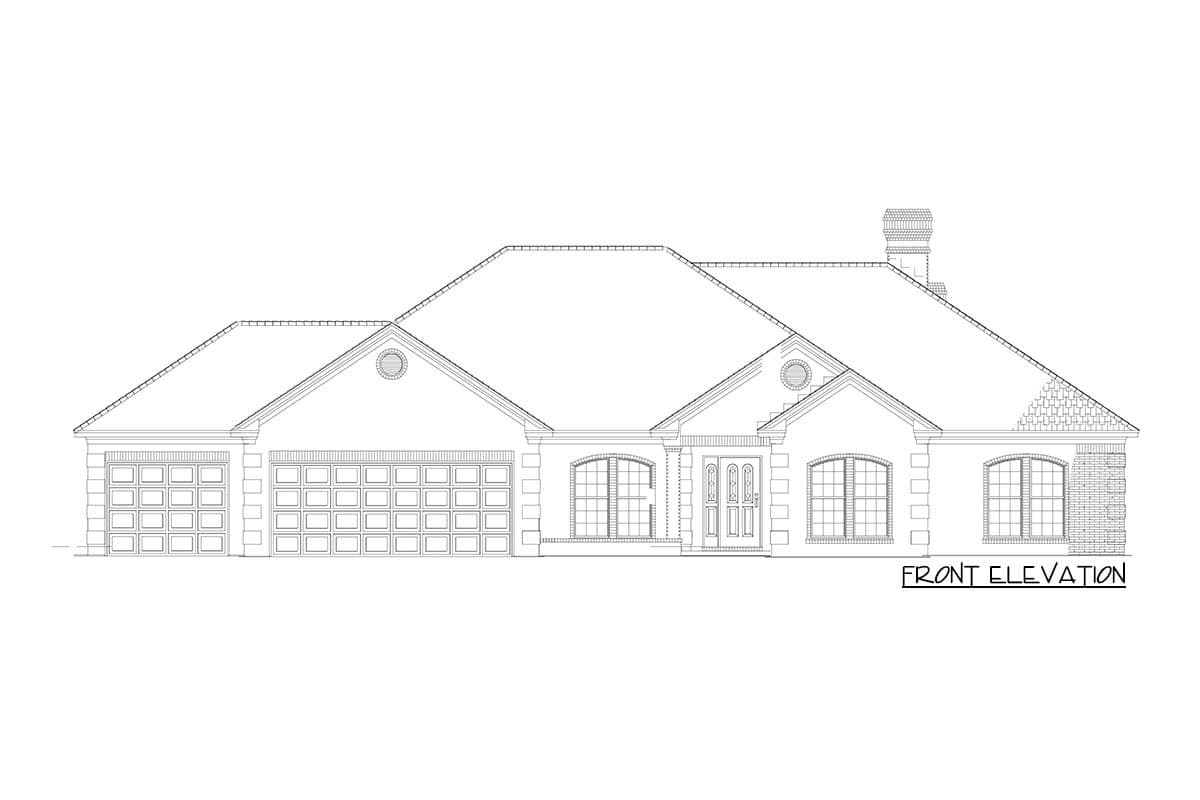 Front elevation drawing of a one-story house plan with a three-car garage, arched windows, and a prominent gable.