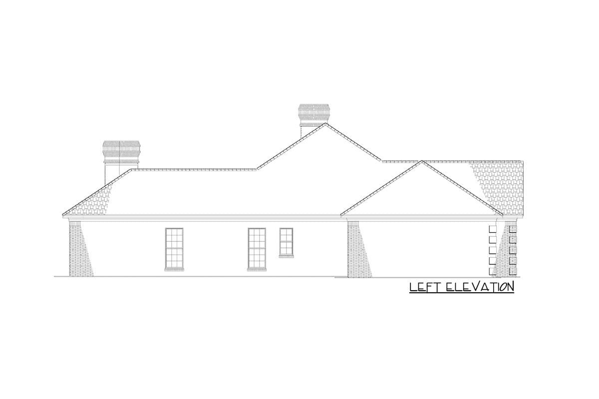 Left elevation drawing of a house plan showing a hipped roofline, multiple gables, and brick chimney.