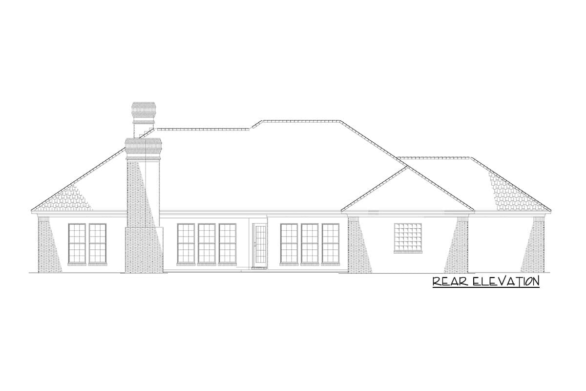 Rear elevation drawing of a house plan featuring a large brick chimney, multiple windows, and a gabled roof.