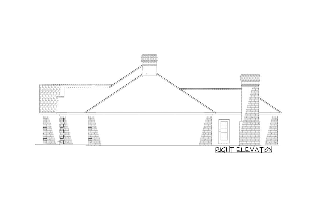 Right elevation house plan drawing showing brick chimney, gabled roof, and brick piers supporting an overhang.