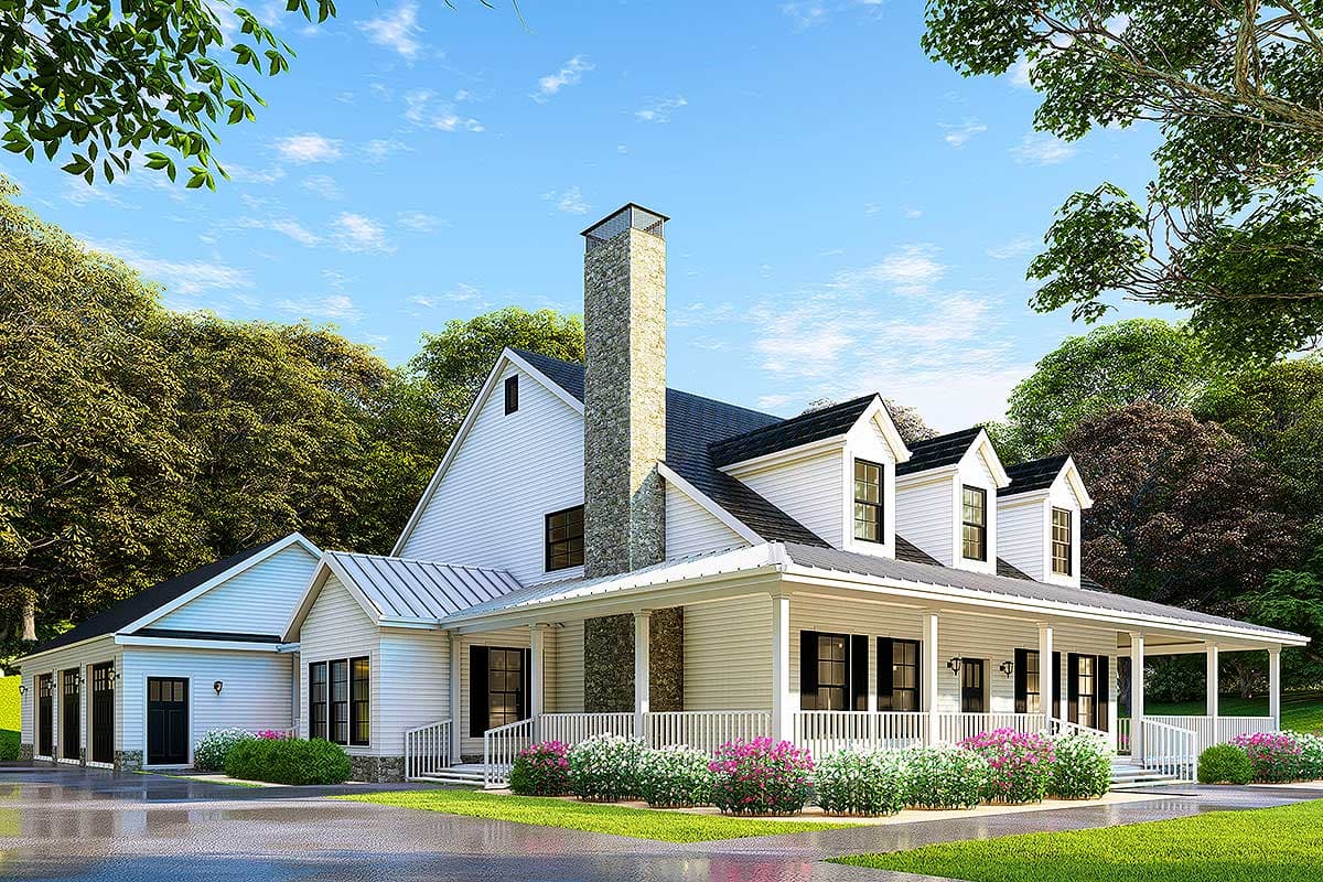 House plan exterior. Farmhouse style with a two-story layout. Features include a wraparound porch, dormers, and a prominent chimney.