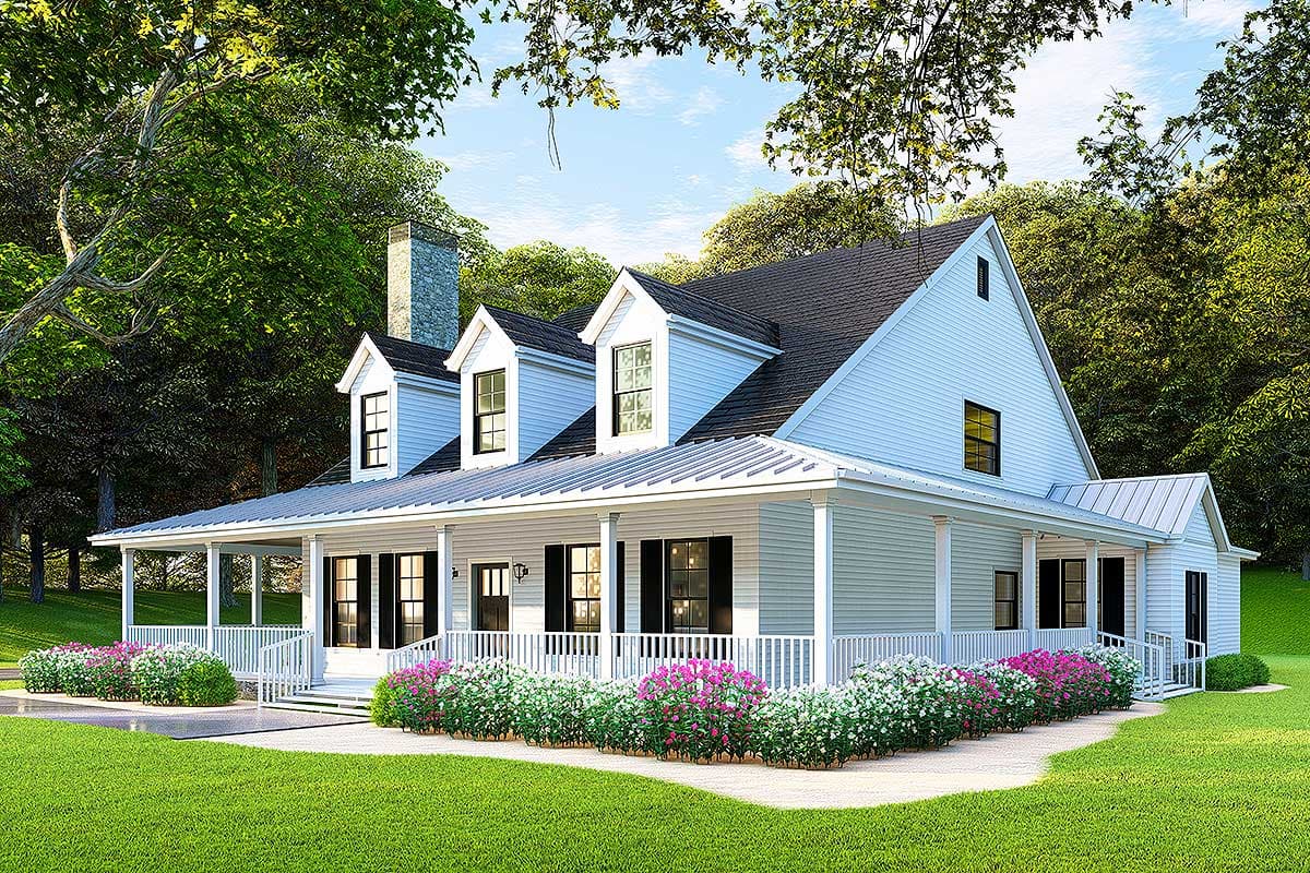 Modern Farmhouse house plan exterior with wraparound porch, multiple gables, dormers, and stone chimney.