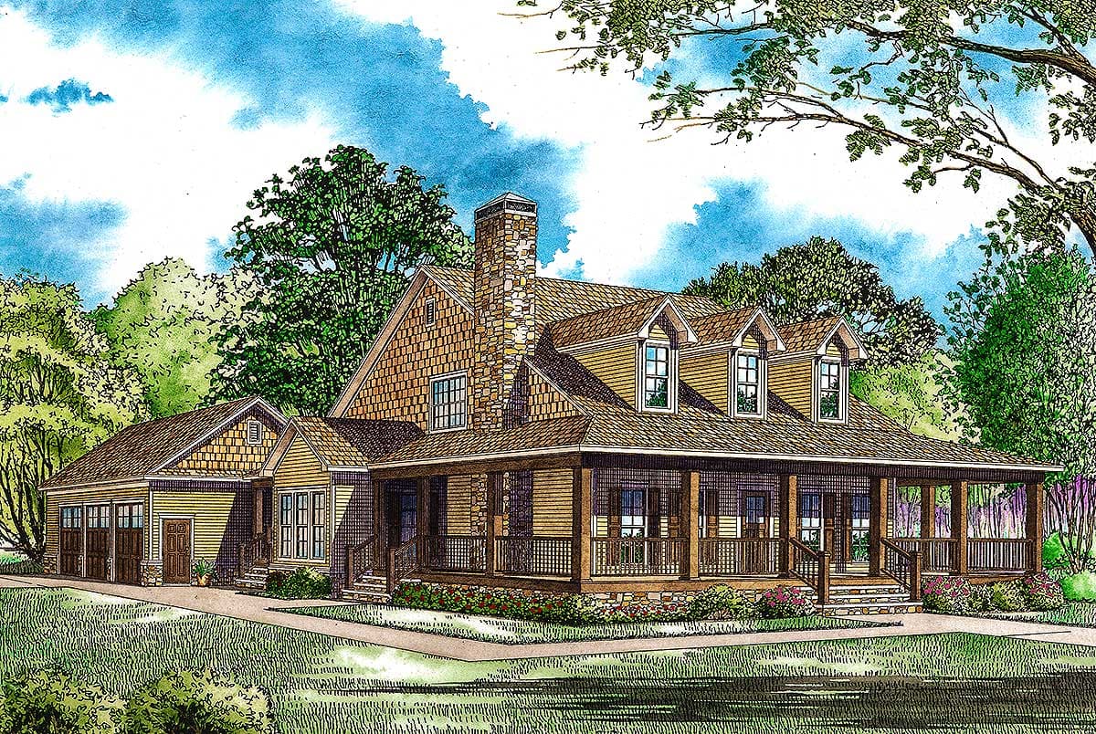 House plan exterior: Two-story home with wrap-around porch, stone chimney, dormer windows, and attached side-entry garage.