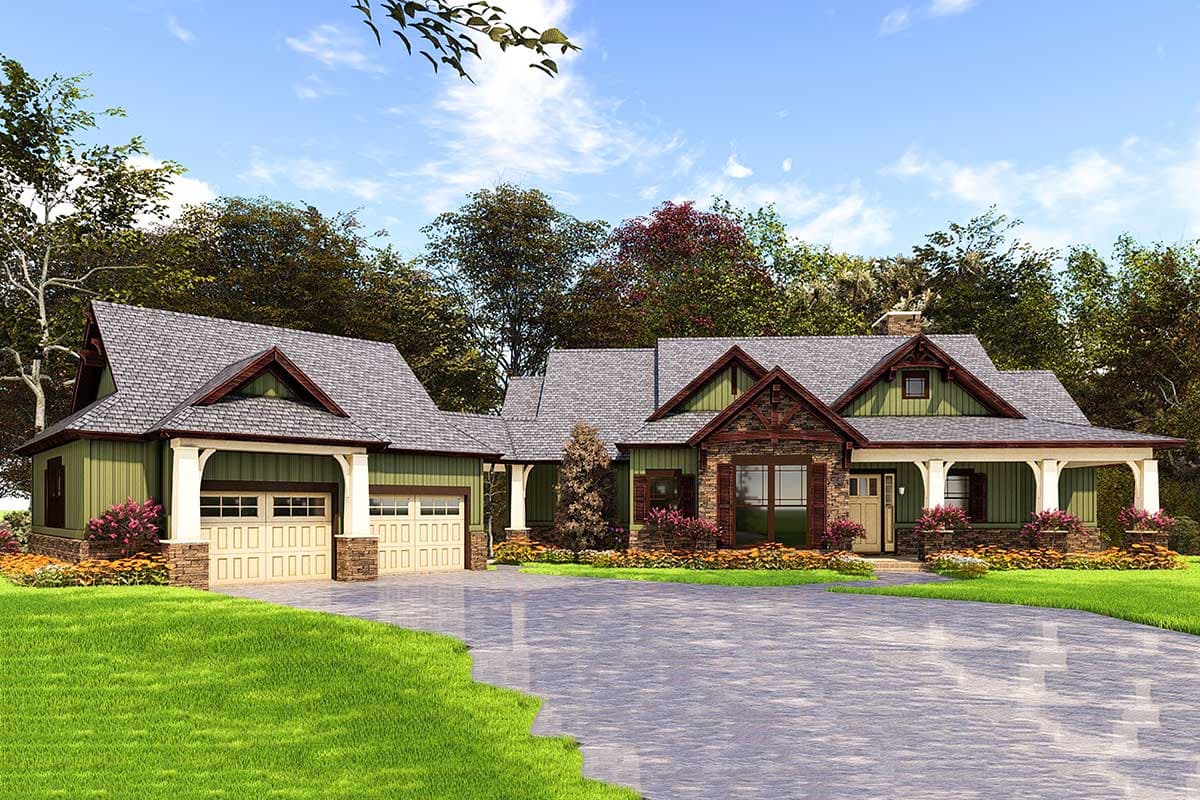 House plan exterior: One-story Craftsman style with a two-car garage, front porch with columns, stone accents, and gables.