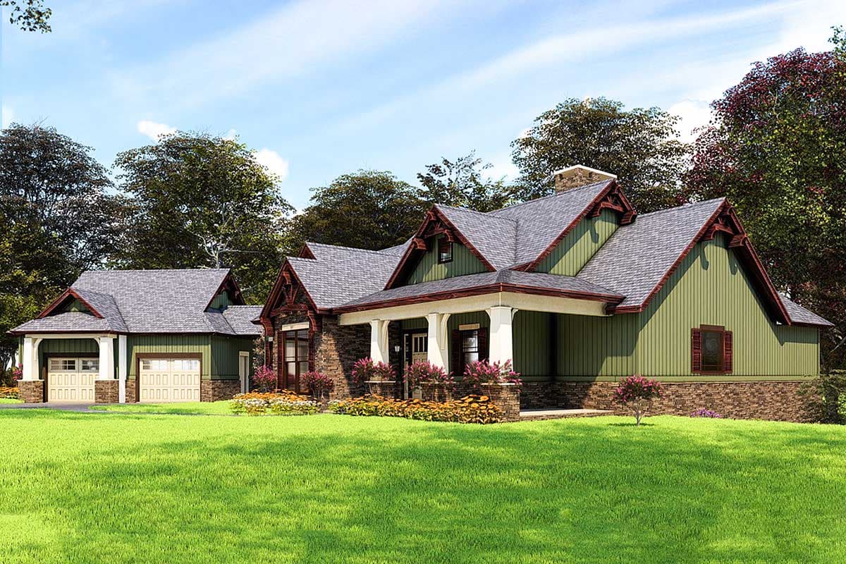 Craftsman style house plan exterior with a prominent porch, stone accents, exposed rafter tails, and a two-car garage.
