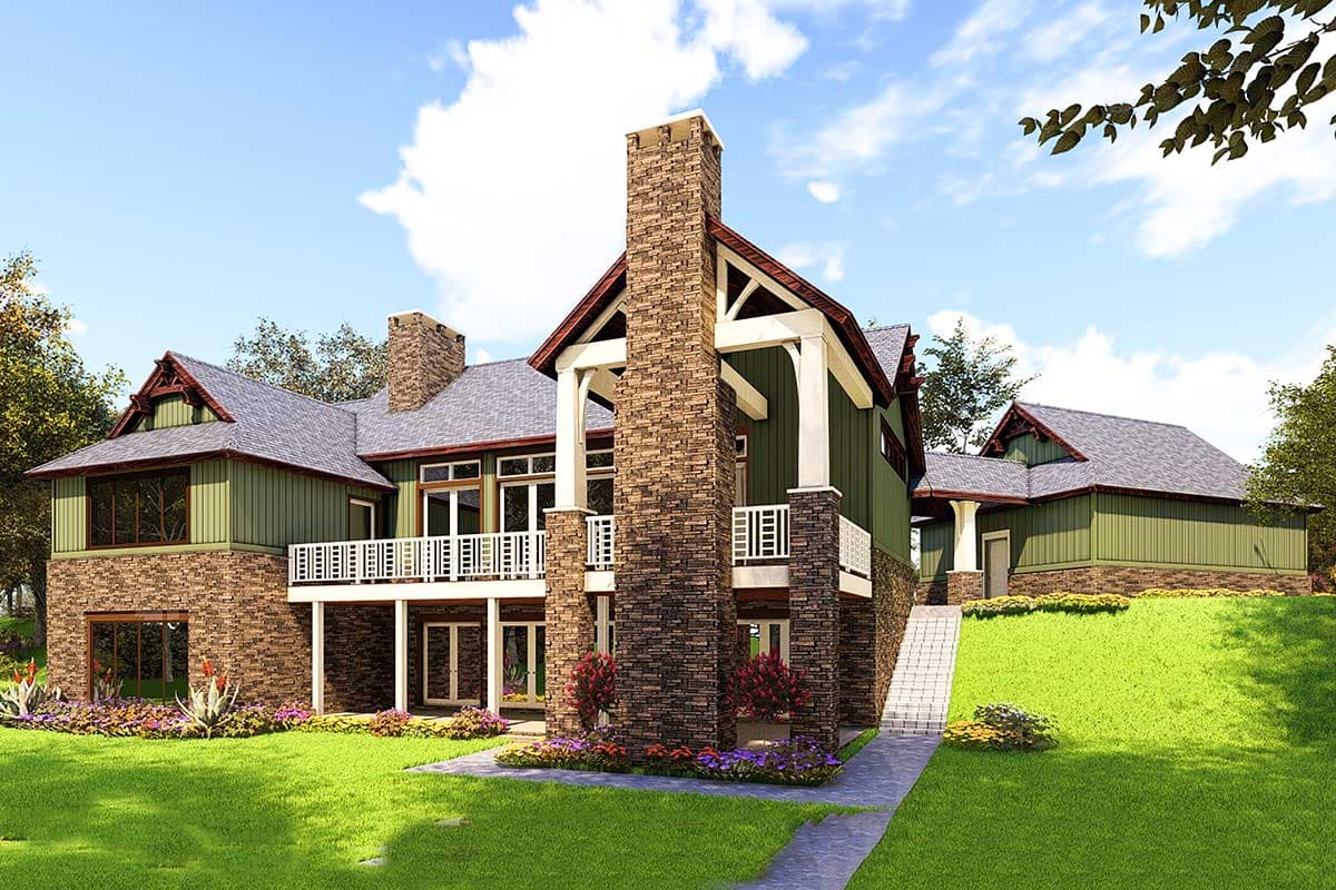 House plan exterior: Modern rustic style with stone base, green siding, multiple gables, and prominent stone chimney.