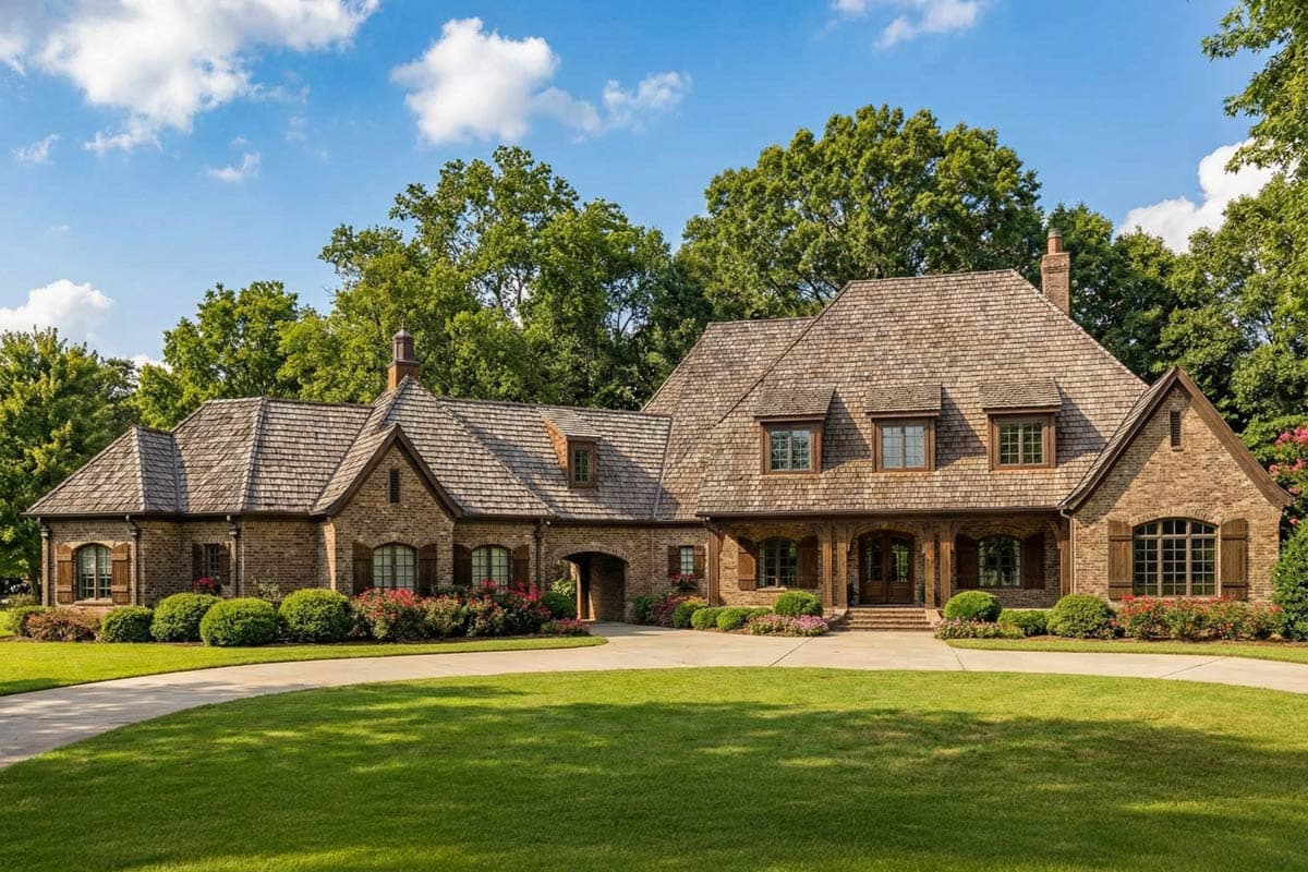 A large brick house with a cedar shake roof sits on a well-manicured lawn. Lush green trees surround the home under a bright blue sky.