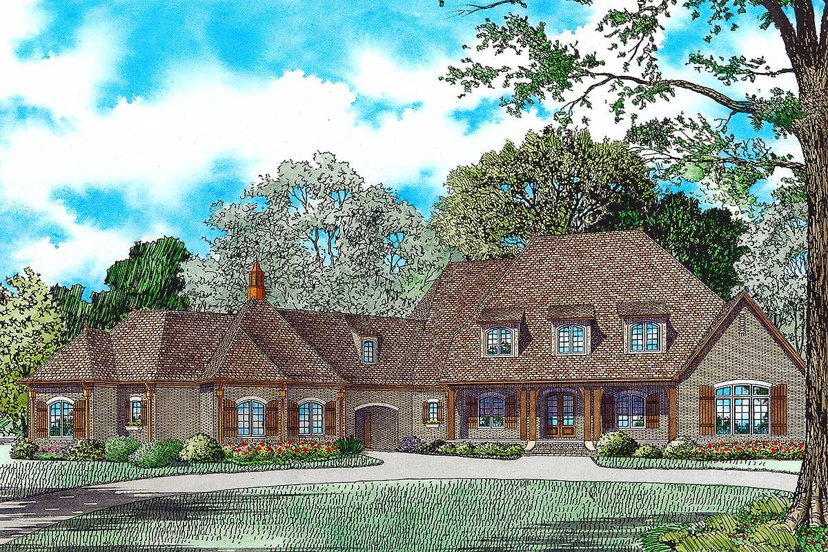 House plan exterior of a 1.5-story brick home with a covered front porch, arched windows, dormers, and a central brick garage entrance.