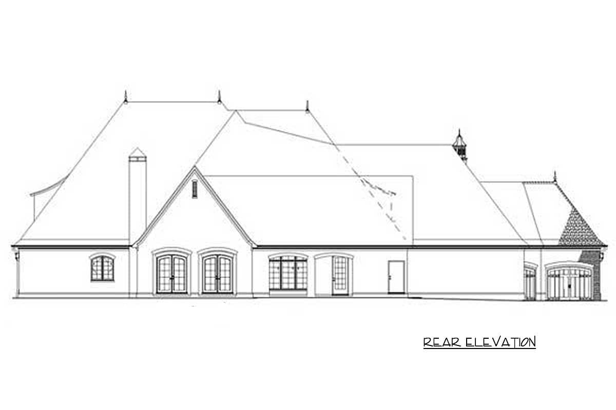 Rear elevation drawing of a house plan with prominent gables, a dormer, French doors, and a turreted roof section.