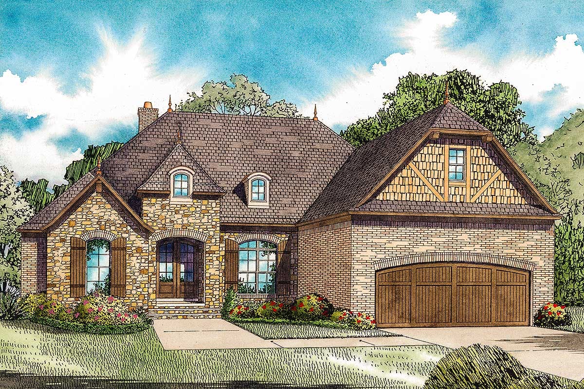 Plan 60589ND: Split-Bedroom European Home Plan with Vaulted Great Room - Image #7 - European, French Country