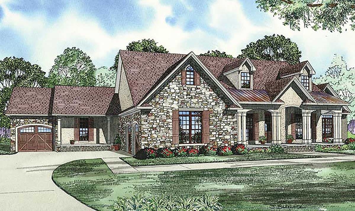 House plan exterior shows a one-story stone home with a three-car garage, covered entry porch supported by columns, and multiple gables.