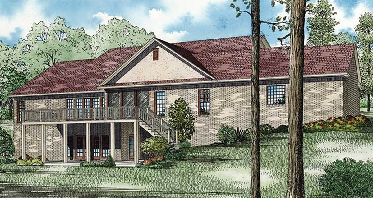 House plan exterior with brick facade, gambrel roof, wraparound deck, and walkout basement level.