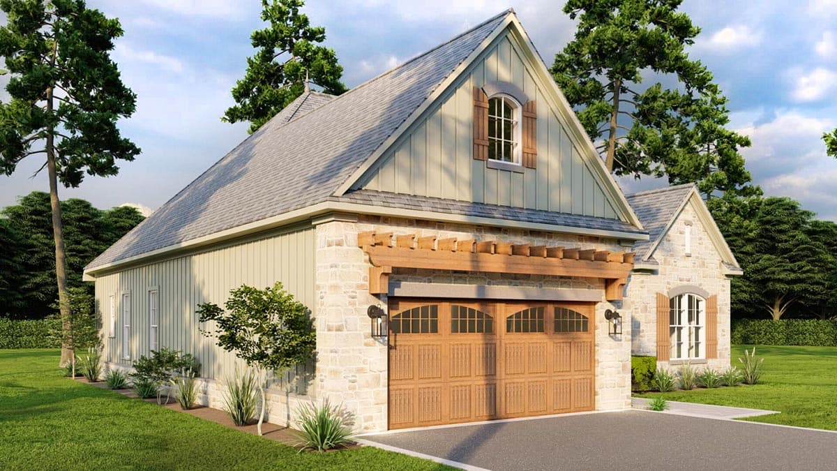 House plan exterior with stone base, vertical siding, gable dormer with wood shutters, and arched garage doors with pergola.