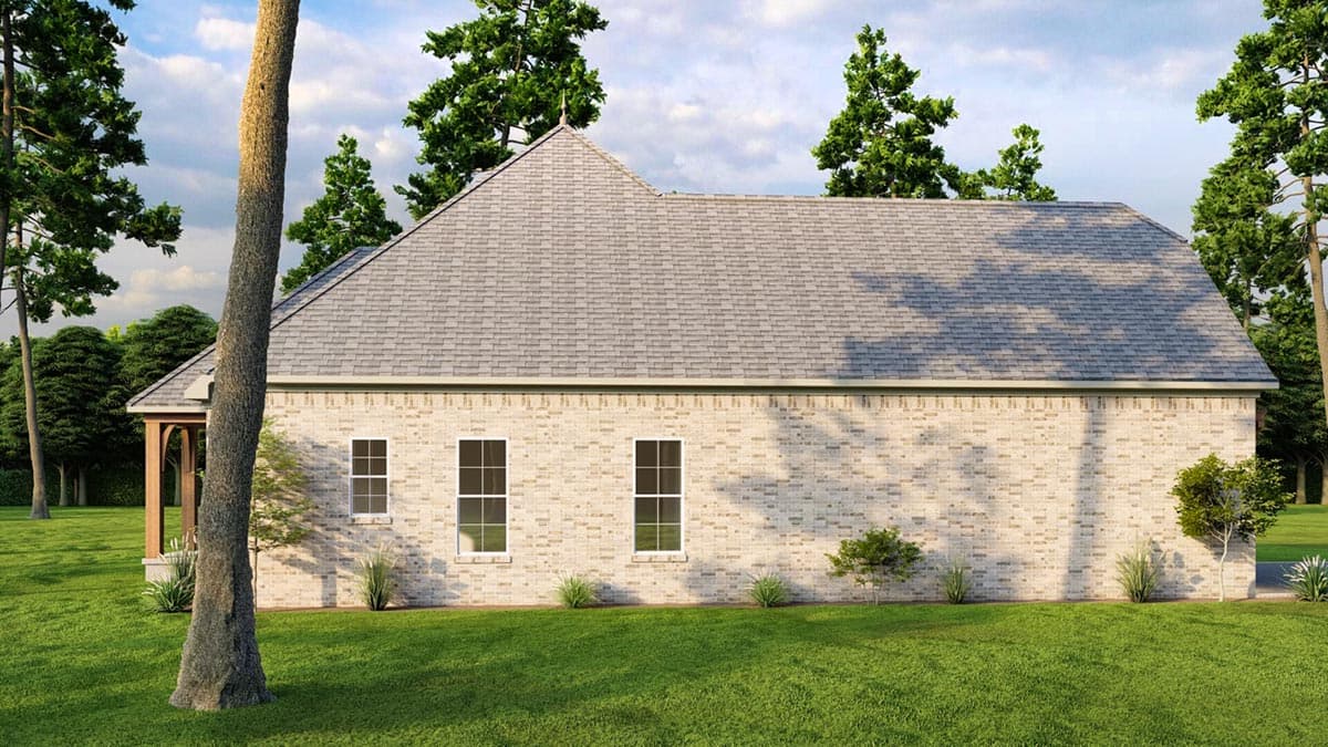 House plan exterior: single-story brick home with a gable roof, visible porch, and two double-hung windows.