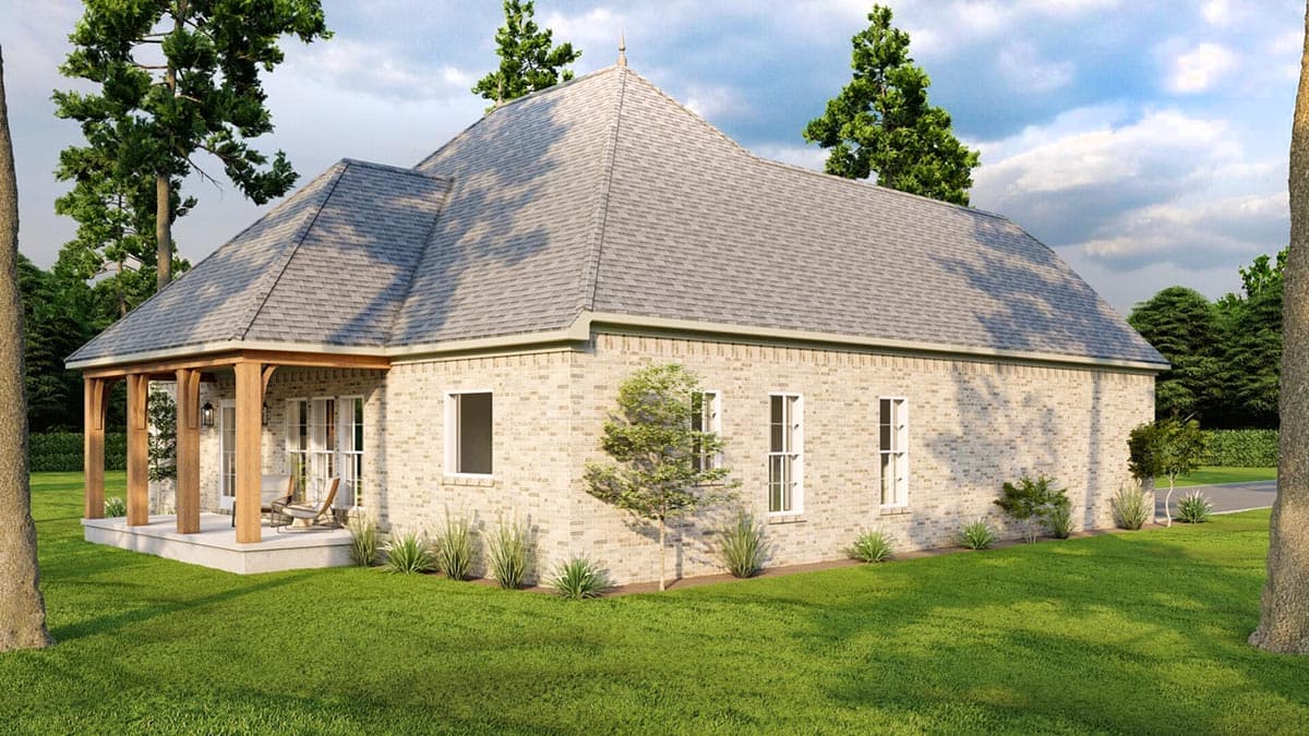 House plan exterior, single-story brick home with covered porch, gabled roof, and multiple windows.